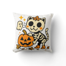 Gato Esqueleto Lindo con Almohada de Calabaza para
