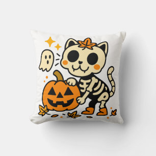 Gato Esqueleto Lindo con Almohada de Calabaza para