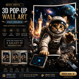 Gato Explorador Espacial Arte de Pared 3D Pop-Up