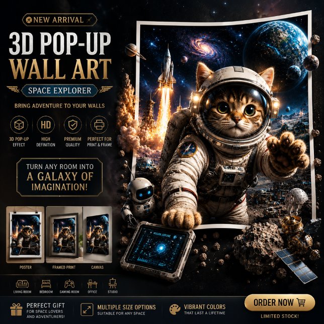 Gato Explorador Espacial Arte de Pared 3D Pop-Up (Subido por el creador)