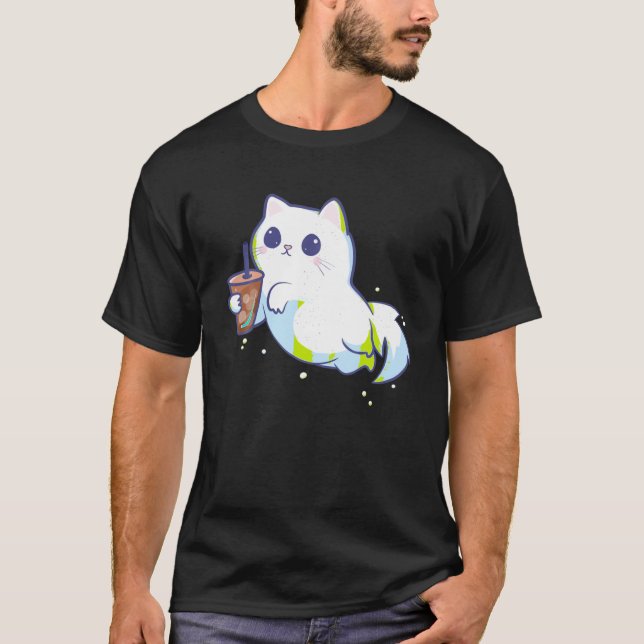 Gato Fantasma Con Café Helado Gracioso Camiseta (Anverso)