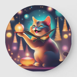Gato feliz celebrando a los Navidades, reloj de pa