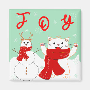 Gato Feliz Con Muñeco de Nieve   Imán Navideño Ado
