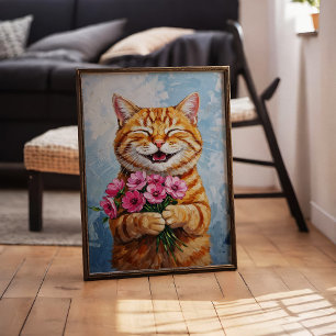 Gato feliz dando un Poster de arte en una pared de