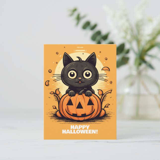 Gato feliz de Halloween - Postal de espeluznante g (Anverso de pie)