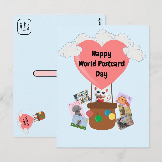 Gato feliz Día Mundial de la Postales en globo pos (Anverso / Reverso)