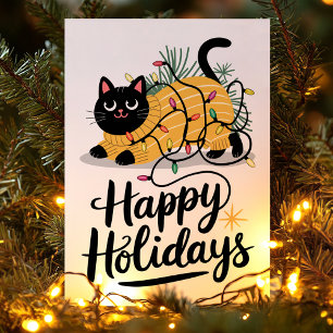 Gato Feliz Fiestas Envuelto en Luces Navidad