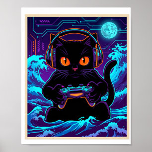 Gato Gamer Divertido Arte Retro Noche de Ciberjueg