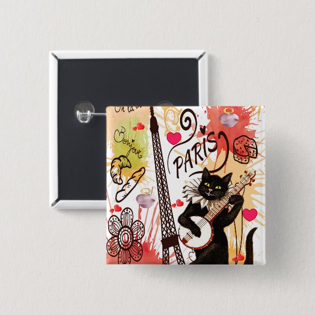 Gato gatito París Francia, botón cuadrado (Anverso y reverso)