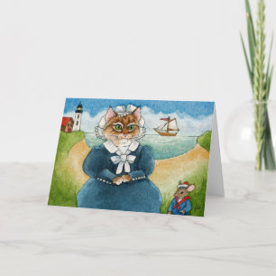 Gato, gatito, ratón, faro, tarjeta de arte folclór