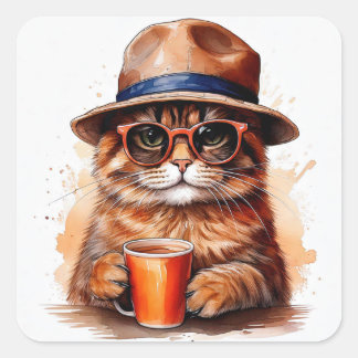 Gato Genial Bebiendo Café Pegatinas Cuadradas