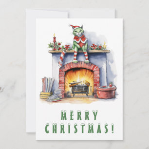 Gato gracioso en la chimenea Feliz Navidad