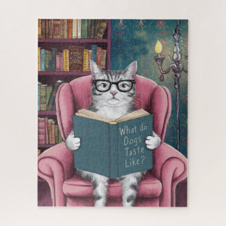 Gato gracioso leyendo un rompecabezas de libros