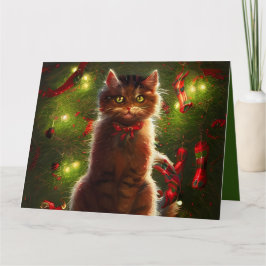 Gato Grande Y Tarjeta De Saludo De Árbol De Navida