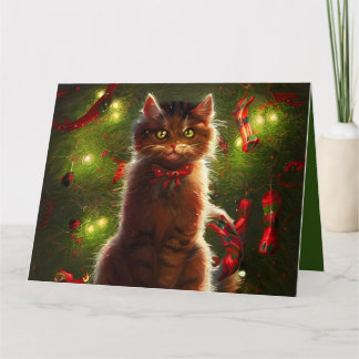 Gato Grande Y Tarjeta De Saludo De Árbol De Navida