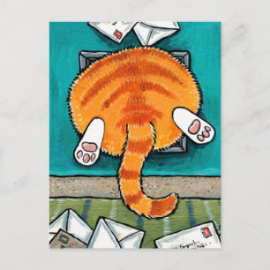 Gato graso de Tabby atascado en postal de la bande