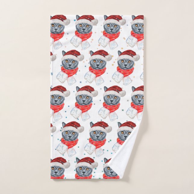 Gato Gris Adorable Acuarela con Bufanda (Toalla de mano)