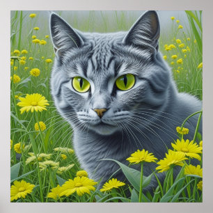 Gato gris blanco con ojos amarillos y arte