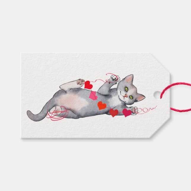 Gato gris con etiqueta de regalo de San Valentín G (Frente (Horizontal))