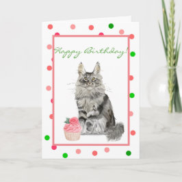 Gato gris con pastel de la tarjeta de cumpleaños d