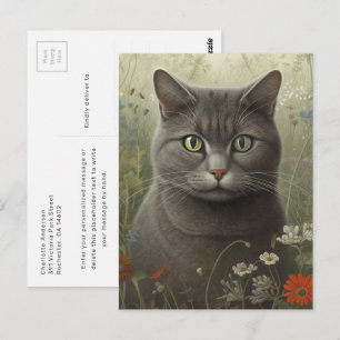 Gato Gris En Una Postal De Jardín