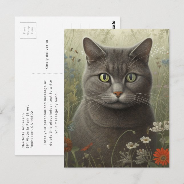 Gato Gris En Una Postal De Jardín (Anverso / Reverso)