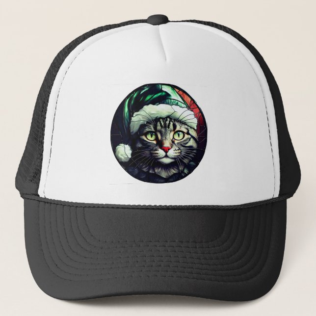 Gato Gris Tabby de Vidrio Emplomado en Sombrero Ve (Anverso)