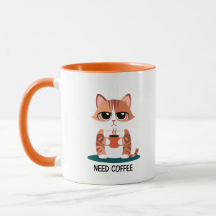 Gato Gruñón "NECESITO CAFÉ" Taza   Gatito Atigrado