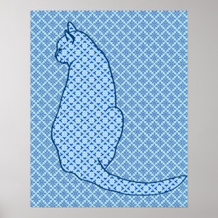 Gato japonés - impresión azul del kimono