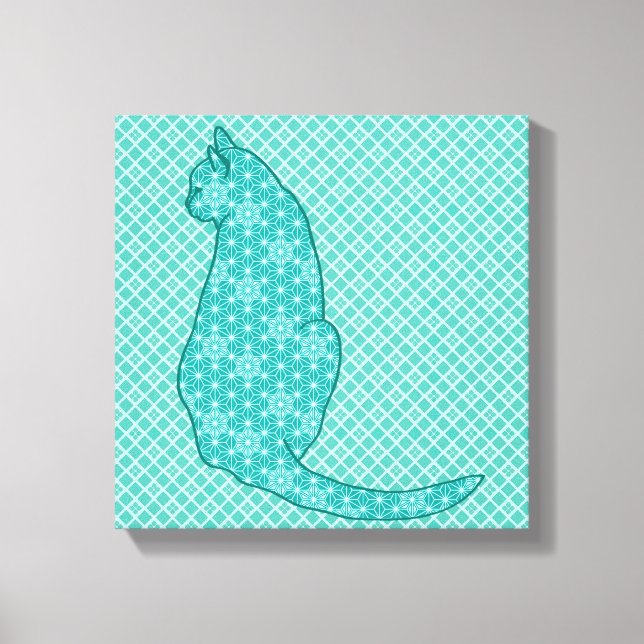Gato japonés - Impresión de kimono turquesa (Anverso)