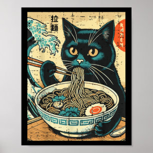 Gato japonés Ramen gran ola de comida de arte vint