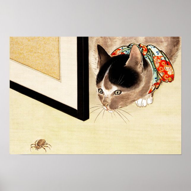 Gato japonés vintage viendo arte araña (Frente)