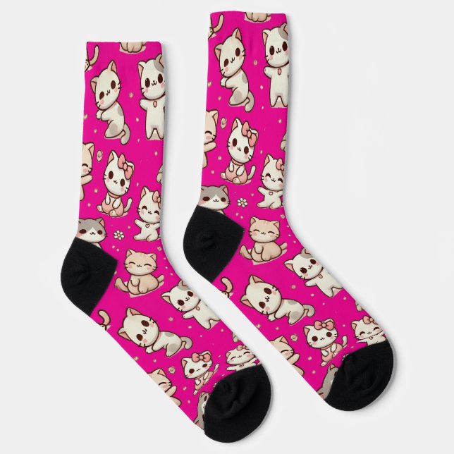 Gato Kawaii Adorable Calcetines rosados - Regalo d (Derecha)