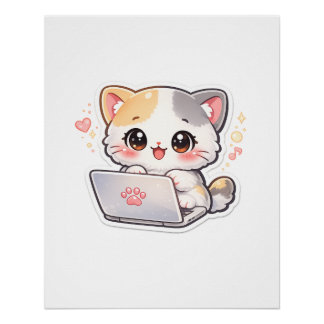Gato Kawaii Adorable Trabajando en Póster de Portá