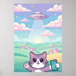 Gato Kawaii de Arte Pixel con OVNI en Cielo Pastel