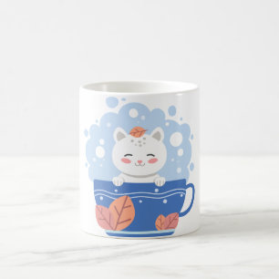 Gato Kawaii Lindo en una Taza de Café Azul