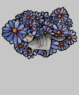 Gato Kitty Púrpura Daisies Gris Gato Gris Gris Gri