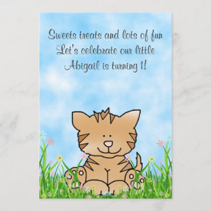 Gato Kitty y Flores Invitación al primer cumpleaño