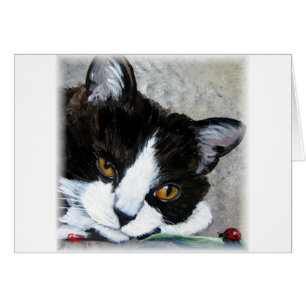 Gato Kitty y tarjeta de saludo en blanco