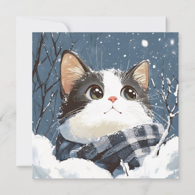 Gato lindo acogedor nieve de invierno (Anverso)
