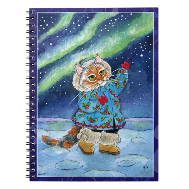 Gato lindo, aurora boreal, cuaderno del invierno (Frente)
