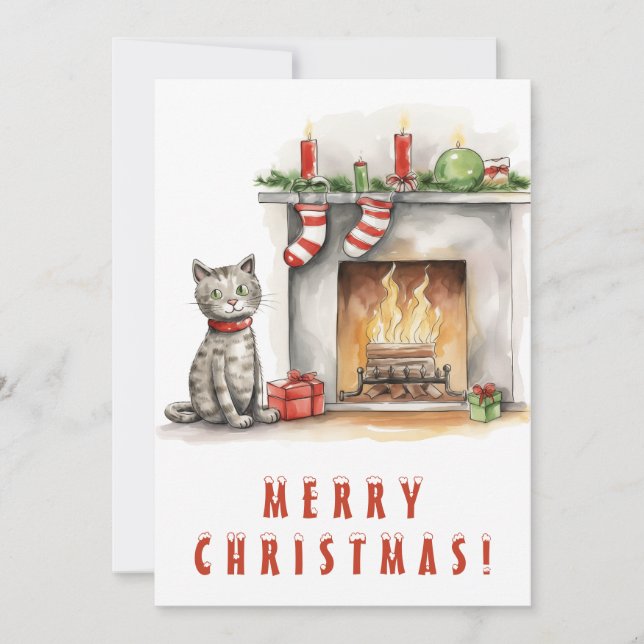 Gato lindo cerca de la chimenea Feliz Navidad (Anverso)