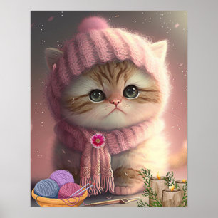 Gato Lindo con Gorro y Bufanda de Punto Rosa Arte