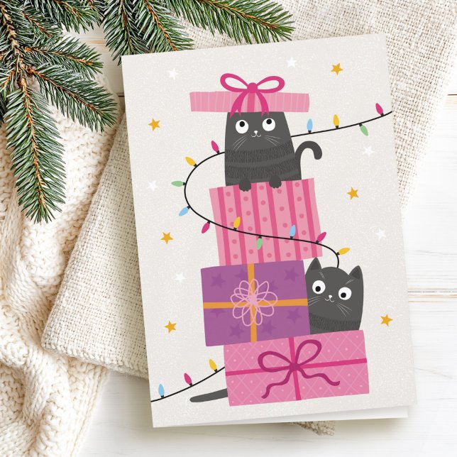 Gato lindo con luces y regalos de Navidad (Cute cat with lights and Christmas gifts Holiday Card)