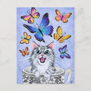 Gato lindo con mariposas, postal de la Copa de Té