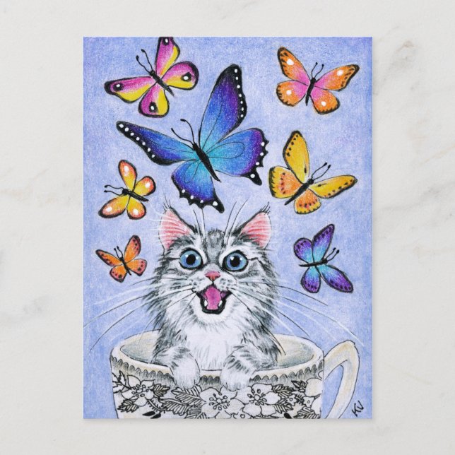 Gato lindo con mariposas, postal de la Copa de Té (Anverso)