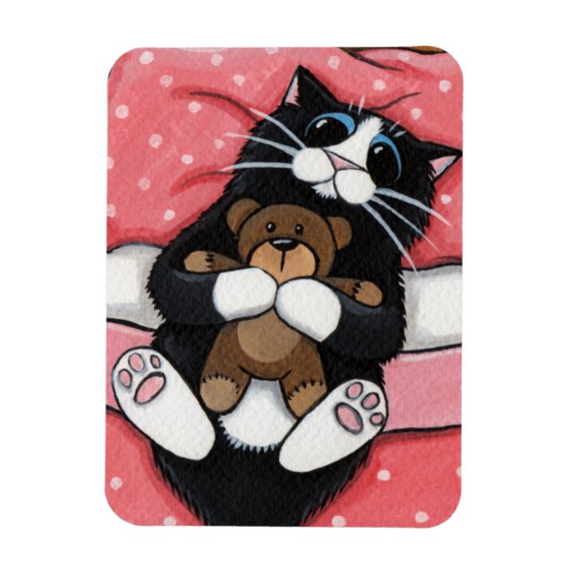 Gato lindo con oso de peluche en imán de cama (Vertical)