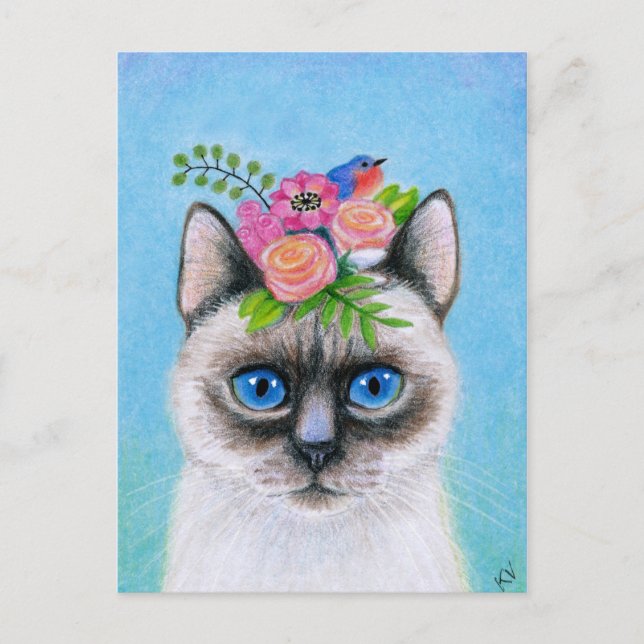 Gato lindo con postal Gorra de flores de primavera (Anverso)