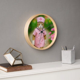 Gato lindo con reloj redondo de enfermera de unifo