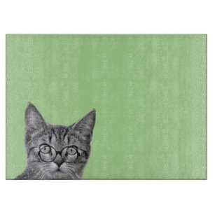 Gato lindo con tabla de corte verde de gafas